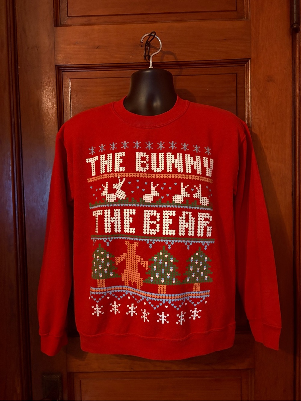 Gildan Red Crewneck Sweater with Bunny and Bear Knit Graphic